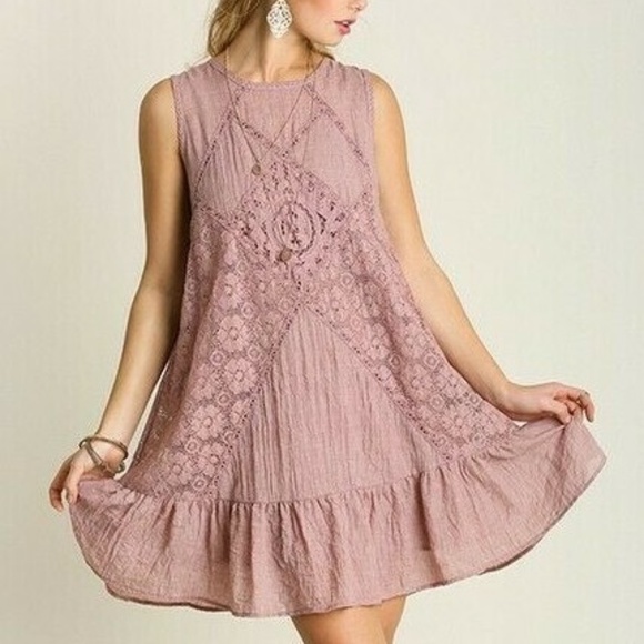 Umgee Sleeveless Lace Panel Ruffle Hem Mauve Mini Dress - Tunic Top Size L - Picture 11 of 11